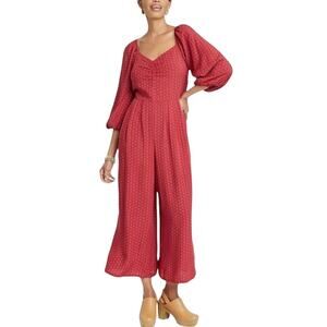 Knox Rose Red‎ Patterned 3/4 Puff Sleeve V-Neck Smocked Cropped Jumpsuit Size XL